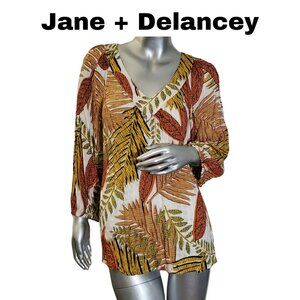 Jane+Delancey Boho Blouse - Size Large, Multicolor Brown Leaves
